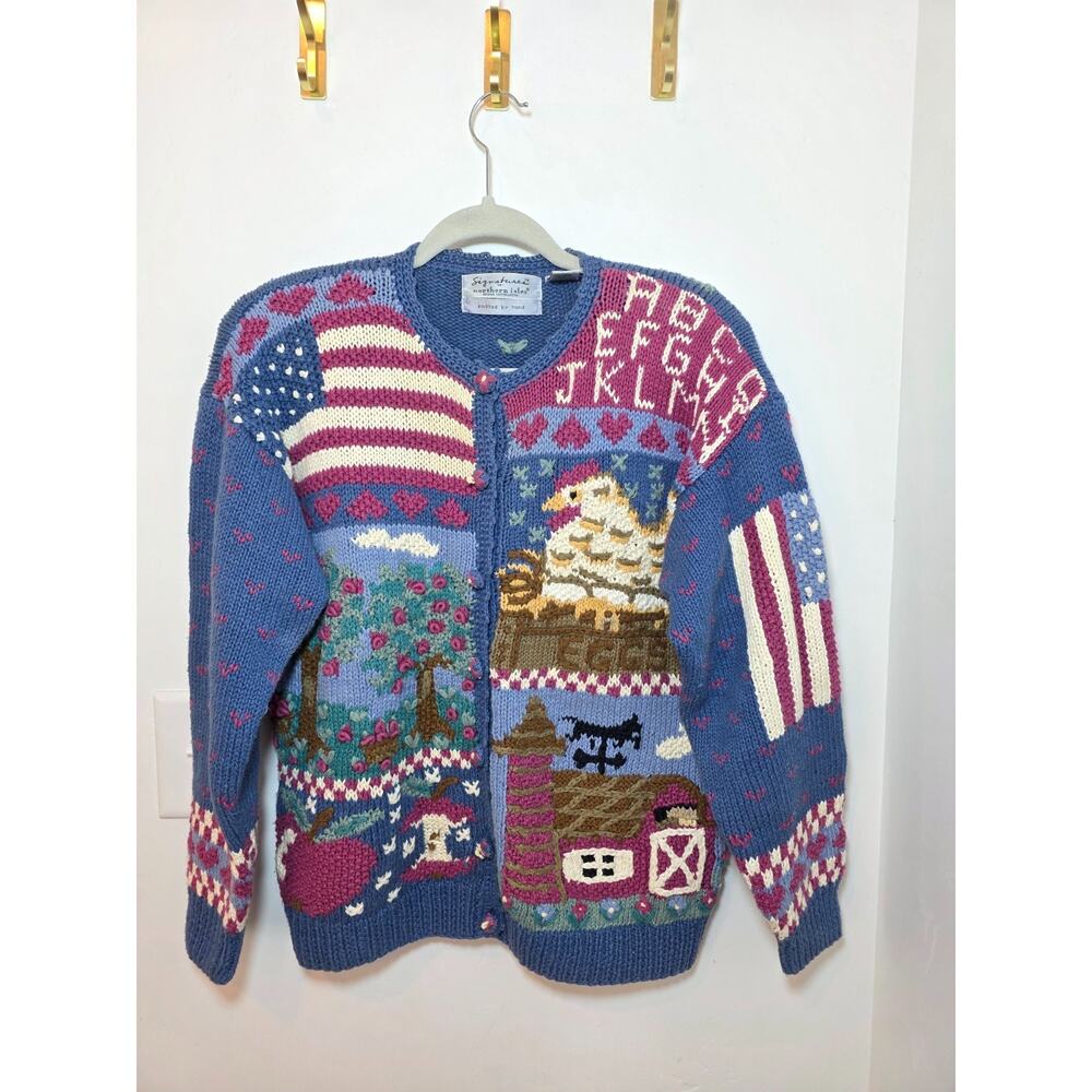 VINTAGE Northern Isles Hand Knitted Farm Animal USA Cardigan Sweater Size L